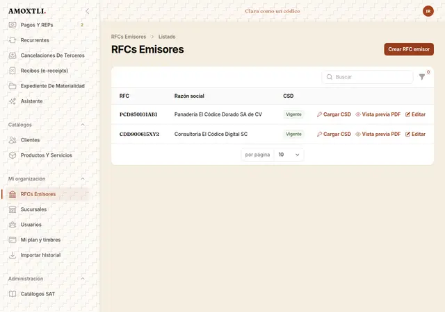Pantalla de RFC emisores de Amoxtli, mostrando dos RFC con su certificado (CSD) vigente