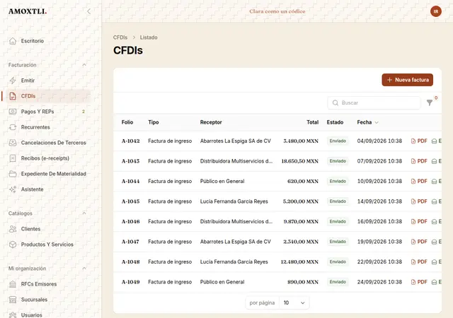 Listado de CFDIs emitidos en Amoxtli, con folio, receptor, total y estatus de cada uno