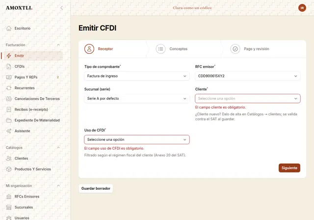 Amoxtli señalando en español los campos obligatorios antes de dejar timbrar un CFDI