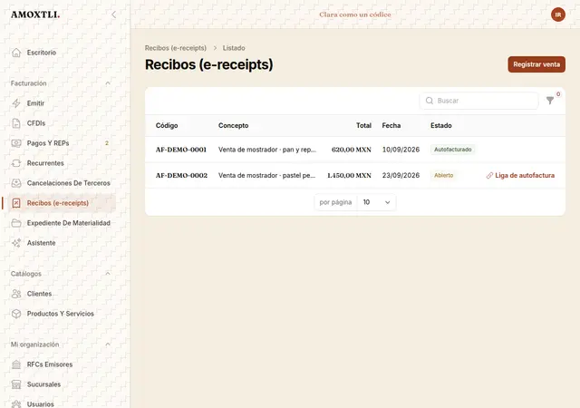 Listado de recibos de venta al público en Amoxtli, uno ya autofacturado y otro abierto con su liga de autofactura